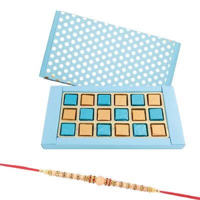 Astonished Retail 18 Pieces Tasty Homemade Chocolates in Blue Box | Sandalwood Rakhi Chocolate for Brother | Rakhi Chocolate Hamper | Roli, Chawal, Chandan, Misri | 241