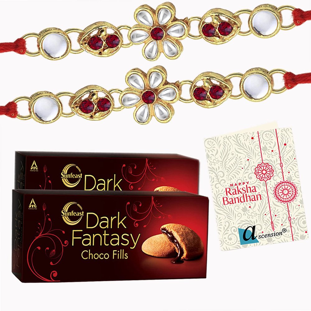 ascension Designer Meena Rakhi Raksha Bandhan Gift Band Moli Design Rakhi for Brother bhaiya bro with 2 Dark Fantasy Cookies & Roli Pack (Pack of 2)