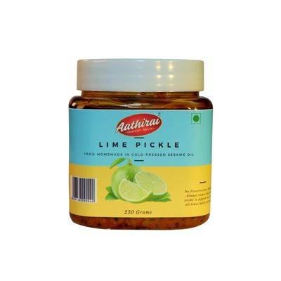 Aathirai Lime Pickle - 250g | No Artificial Preservatives | 100% Natural & Organic Homemade Pickle Made With Cold - Pressed Sesame Oil | Sour Lime Pickle