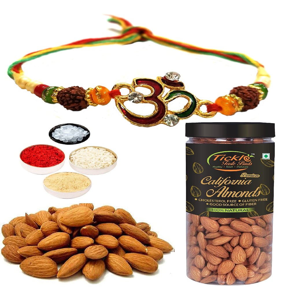 2 Rakhi Combo: OM Rakhi & Designer Dhaga Brother Combo Gift, 250gms Badam Almond Jar, Tikka with Personal Message & Roli Chandan Chawal Mishri Pack for Bhai Bhaiya