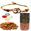2 Rakhi Combo: OM Rakhi & Designer Dhaga Brother Combo Gift, 250gms Badam Almond Jar, Tikka with Personal Message & Roli Chandan Chawal Mishri Pack for Bhai Bhaiya view 1