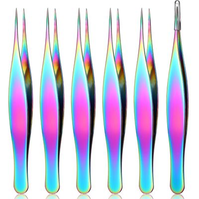 6 Pieces Pointed Tweezers Ingrown Hair Tweezers Precision Needle Point Tip Tweezers Stainless Steel Tweezers for Nose Facial Hair Eyebrow Blackhead Remover (Rainbow Color)