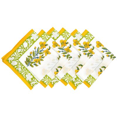 Hand Block Printed Cotton Linen Cloth Napkins, Indian Block Print Washable Party Decor Napkins, Handmade (Set of 6) (Green and Yellow)