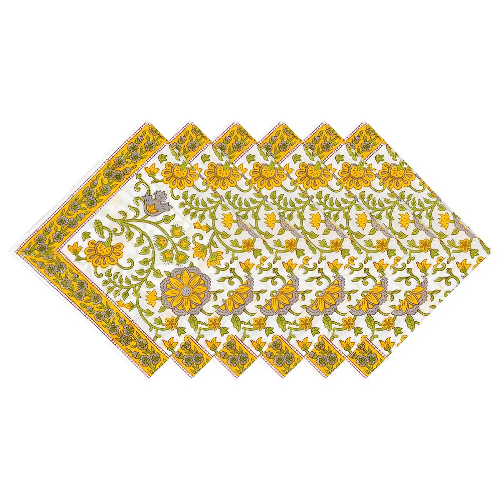 Hand Block Printed Cotton Linen Cloth Napkins, Indian Block Print Washable Party Decor Napkins, Handmade (Set of 6) (Gray and Yellow)