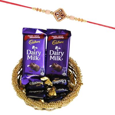 Astonished Retail Small Chocolate Surprise | Square OM Rakhi Chocolate for Brother | Rakhi Chocolate Hamper | Roli, Chawal, Chandan, Misri | 425