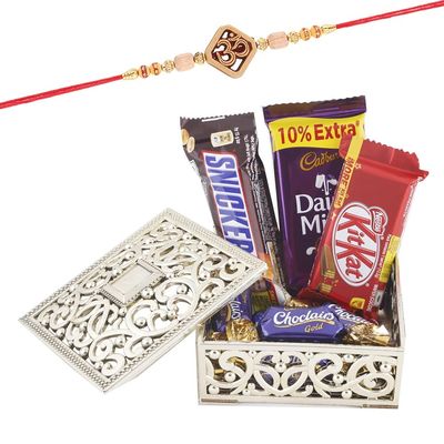 Astonished Retail Sweet Chocolate Gift Box | Square OM Rakhi Chocolate for Brother | Rakhi Chocolate Hamper | Roli, Chawal, Chandan, Misri | 535