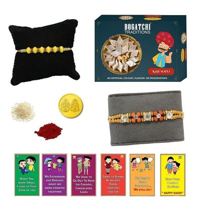 BOGATCHI Rakhi Sweets, Rakhi for Brother with Sweets | Rakhi with Sweets Combo | Rakhi for brother with gift sweets|Kaju Katli, 200g + 2 Rakhi+ Gold Coin+Roli Chawal + Free Rakhi Story Card |D -A1