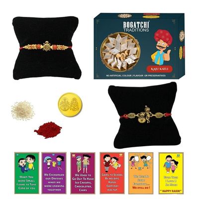 BOGATCHI Rakhi Sweets, Rakhi for Brother with Sweets | Rakhi with Sweets Combo | Rakhi for brother with gift sweets|Kaju Katli, 200g + 2 Rakhi+ Gold Coin+Roli Chawal + Free Rakhi Story Card |D -A2
