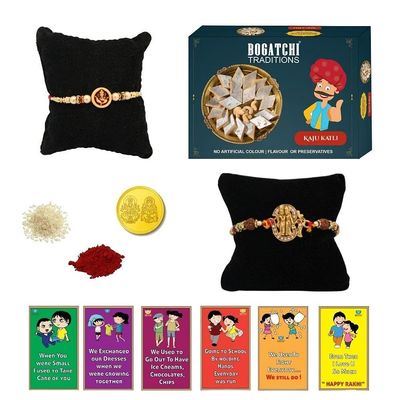 BOGATCHI Rakhi Sweets, Rakhi for Brother with Sweets | Rakhi with Sweets Combo | Rakhi for brother with gift sweets|Kaju Katli, 200g + 2 Rakhi+ Gold Coin+Roli Chawal + Free Rakhi Story Card |F-A1