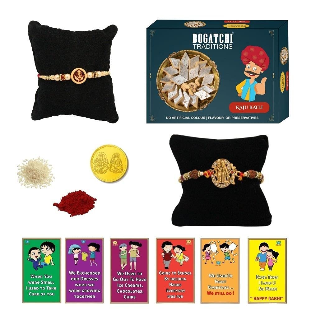 BOGATCHI Rakhi Sweets, Rakhi for Brother with Sweets | Rakhi with Sweets Combo | Rakhi for brother with gift sweets|Kaju Katli, 200g + 2 Rakhi+ Gold Coin+Roli Chawal + Free Rakhi Story Card |F-A1