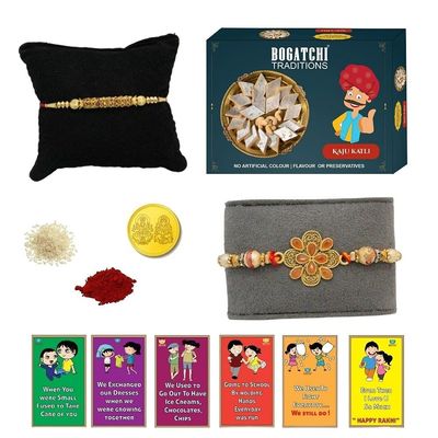 BOGATCHI Rakhi Sweets, Rakhi for Brother with Sweets | Rakhi with Sweets Combo | Rakhi for brother with gift sweets|Kaju Katli, 200g + 2 Rakhi+ Gold Coin+Roli Chawal + Free Rakhi Story Card |E-A2