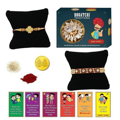 BOGATCHI Rakhi Sweets, Rakhi for Brother with Sweets | Rakhi with Sweets Combo | Rakhi for brother with gift sweets|Kaju Katli, 200g + 2 Rakhi+ Gold Coin+Roli Chawal + Free Rakhi Story Card |D -A3