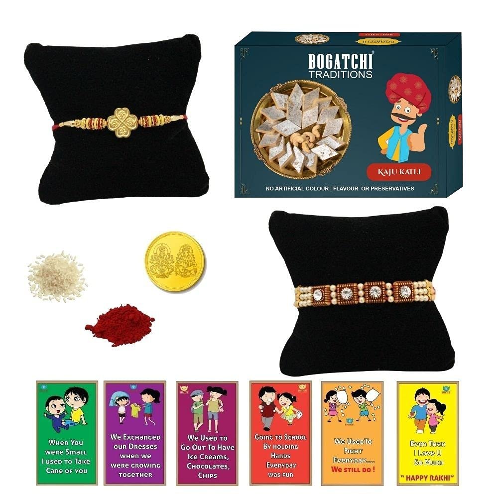 BOGATCHI Rakhi Sweets, Rakhi for Brother with Sweets | Rakhi with Sweets Combo | Rakhi for brother with gift sweets|Kaju Katli, 200g + 2 Rakhi+ Gold Coin+Roli Chawal + Free Rakhi Story Card |D -A3