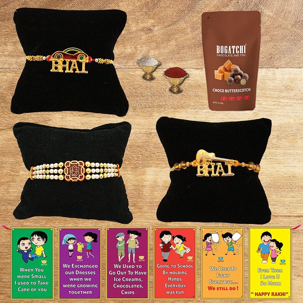 BOGATCHI Rakhi with Chocolates Gift pack, Rakhi for Brother with Chocolate Butterscotch Nuts, 50g + 3 Rakhi Set + Roli Chawal + Free Rakhi Story Card, Rakhi with sweets, Rakhi Chocolates Combo,B8