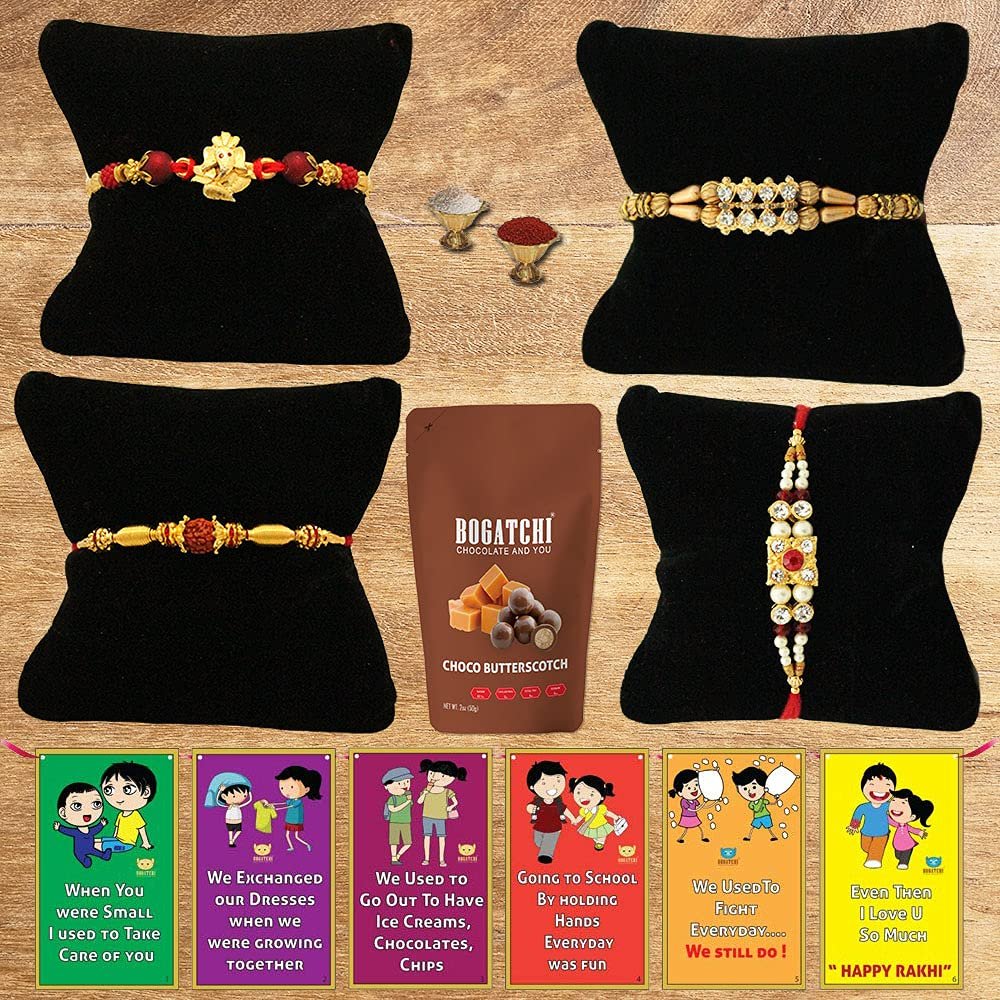BOGATCHI Rakhi with Chocolates Gift pack, Rakhi for Brother with Chocolate Butterscotch Nuts, 50g + 4 Rakhi Set + Roli Chawal + Free Rakhi Story Card, Rakhi with sweets, Rakhi Chocolates Combo,C10