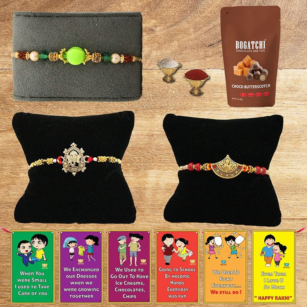 BOGATCHI Rakhi with Chocolates Gift pack, Rakhi for Brother with Chocolate Butterscotch Nuts, 50g + 3 Rakhi Set + Roli Chawal + Free Rakhi Story Card, Rakhi with sweets, Rakhi Chocolates Combo,B9
