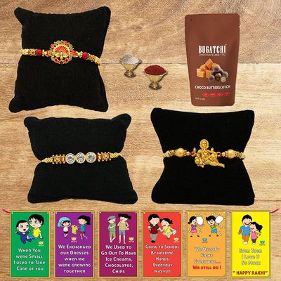 BOGATCHI Rakhi with Chocolates Gift pack, Rakhi for Brother with Chocolate Butterscotch Nuts, 50g + 3 Rakhi Set + Roli Chawal + Free Rakhi Story Card, Rakhi with sweets, Rakhi Chocolates Combo,B3