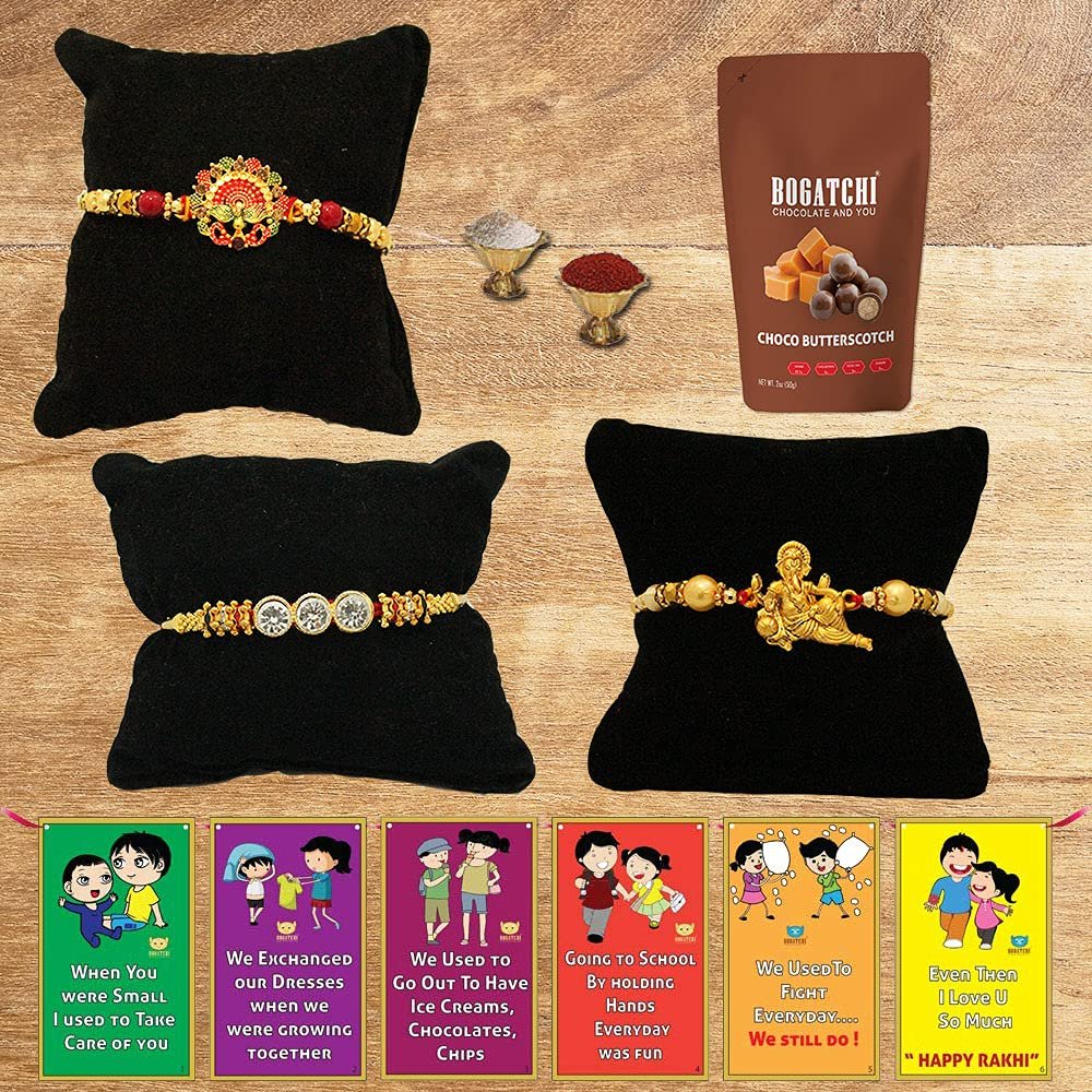BOGATCHI Rakhi with Chocolates Gift pack, Rakhi for Brother with Chocolate Butterscotch Nuts, 50g + 3 Rakhi Set + Roli Chawal + Free Rakhi Story Card, Rakhi with sweets, Rakhi Chocolates Combo,B3