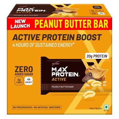 RiteBite Max Protein Active Peanut Butter Protein Bars with 20g Protein, 5g Fiber & 21 Vit. & Minerals | 0 Added Sugar, No Cholesterol & Trans Fat For Upto 4h of Energy, Healthy Snack, 70g (Pack of 6)