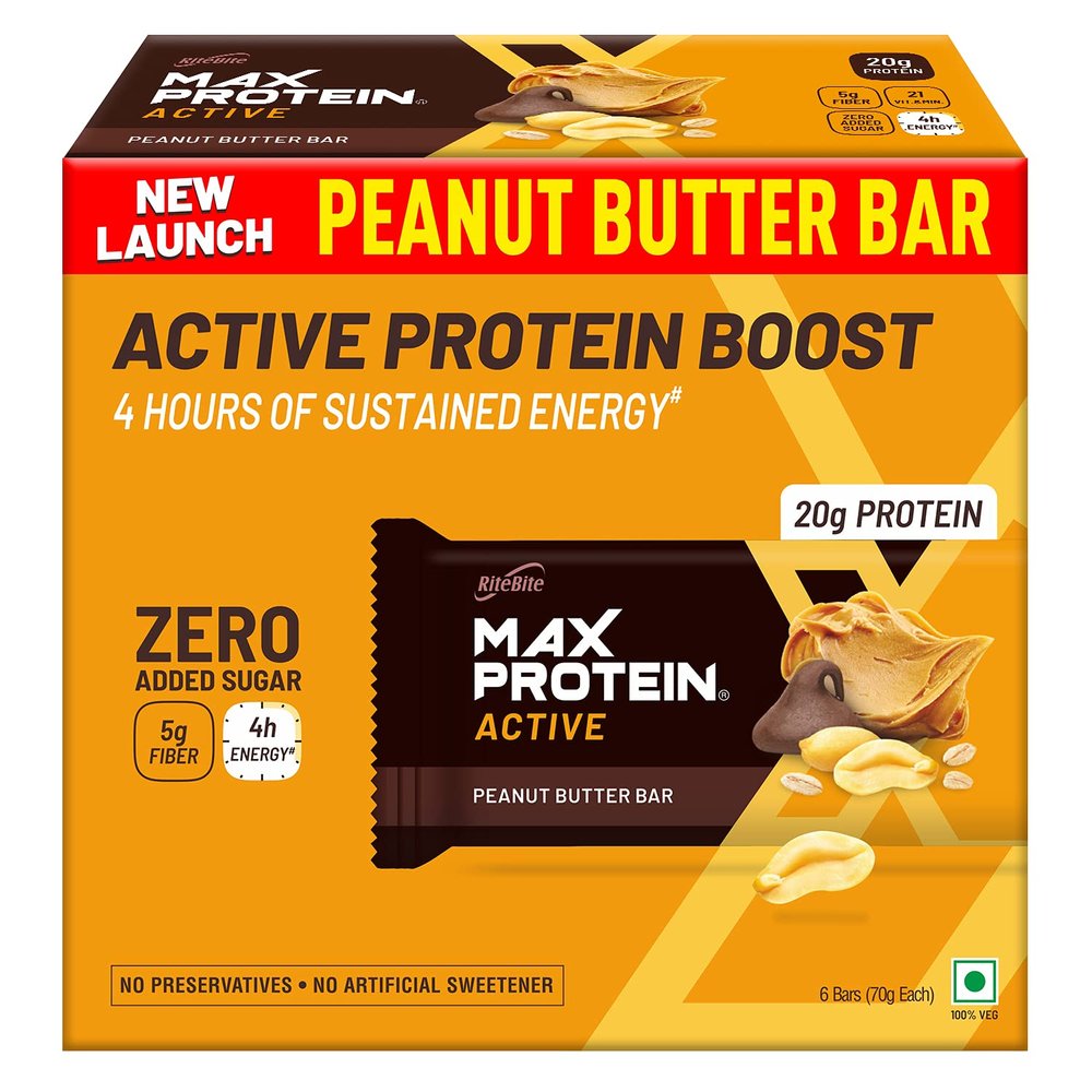 RiteBite Max Protein Active Peanut Butter Protein Bars with 20g Protein, 5g Fiber & 21 Vit. & Minerals | 0 Added Sugar, No Cholesterol & Trans Fat For Upto 4h of Energy, Healthy Snack, 70g (Pack of 6)