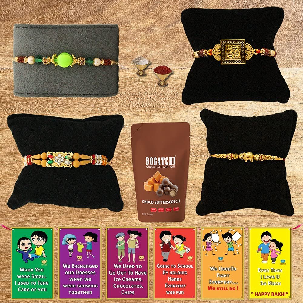 BOGATCHI Rakhi with Chocolates Gift pack, Rakhi for Brother with Chocolate Butterscotch Nuts, 50g + 4 Rakhi Set + Roli Chawal + Free Rakhi Story Card, Rakhi with sweets, Rakhi Chocolates Combo,C2