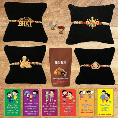 BOGATCHI Rakhi with Chocolates Gift pack, Rakhi for Brother with Chocolate Butterscotch Nuts, 50g + 4 Rakhi Set + Roli Chawal + Free Rakhi Story Card, Rakhi with sweets, Rakhi Chocolates Combo,C3