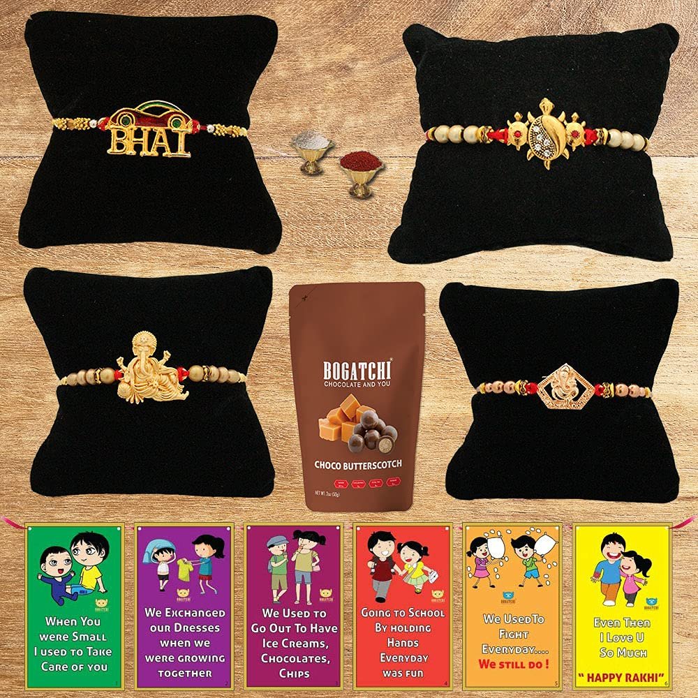 BOGATCHI Rakhi with Chocolates Gift pack, Rakhi for Brother with Chocolate Butterscotch Nuts, 50g + 4 Rakhi Set + Roli Chawal + Free Rakhi Story Card, Rakhi with sweets, Rakhi Chocolates Combo,C3