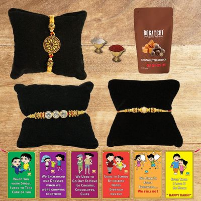 BOGATCHI Rakhi with Chocolates Gift pack, Rakhi for Brother with Chocolate Butterscotch Nuts, 50g + 3 Rakhi Set + Roli Chawal + Free Rakhi Story Card, Rakhi with sweets, Rakhi Chocolates Combo,B7