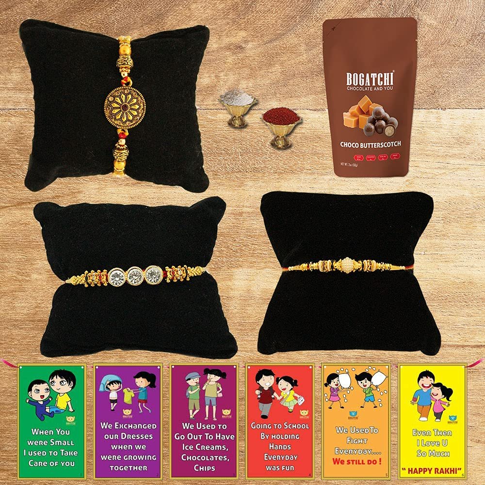 BOGATCHI Rakhi with Chocolates Gift pack, Rakhi for Brother with Chocolate Butterscotch Nuts, 50g + 3 Rakhi Set + Roli Chawal + Free Rakhi Story Card, Rakhi with sweets, Rakhi Chocolates Combo,B7