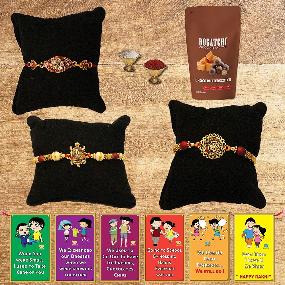 BOGATCHI Rakhi with Chocolates Gift pack, Rakhi for Brother with Chocolate Butterscotch Nuts, 50g + 3 Rakhi Set + Roli Chawal + Free Rakhi Story Card, Rakhi with sweets, Rakhi Chocolates Combo,B15