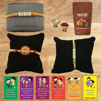 BOGATCHI Rakhi with Chocolates Gift pack, Rakhi for Brother with Chocolate Butterscotch Nuts, 50g + 3 Rakhi Set + Roli Chawal + Free Rakhi Story Card, Rakhi with sweets, Rakhi Chocolates Combo,B11