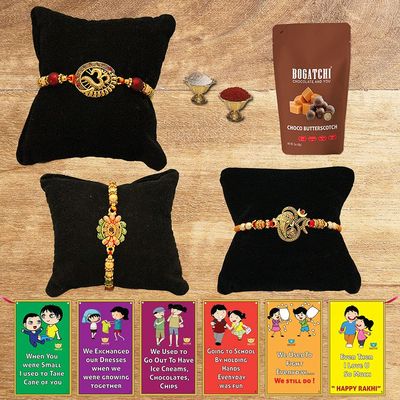 BOGATCHI Rakhi with Chocolates Gift pack, Rakhi for Brother with Chocolate Butterscotch Nuts, 50g + 3 Rakhi Set + Roli Chawal + Free Rakhi Story Card, Rakhi with sweets, Rakhi Chocolates Combo,B5