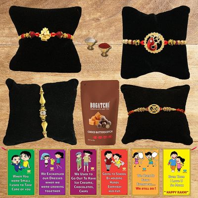 BOGATCHI Rakhi with Chocolates Gift pack, Rakhi for Brother with Chocolate Butterscotch Nuts, 50g + 4 Rakhi Set + Roli Chawal + Free Rakhi Story Card, Rakhi with sweets, Rakhi Chocolates Combo,C9