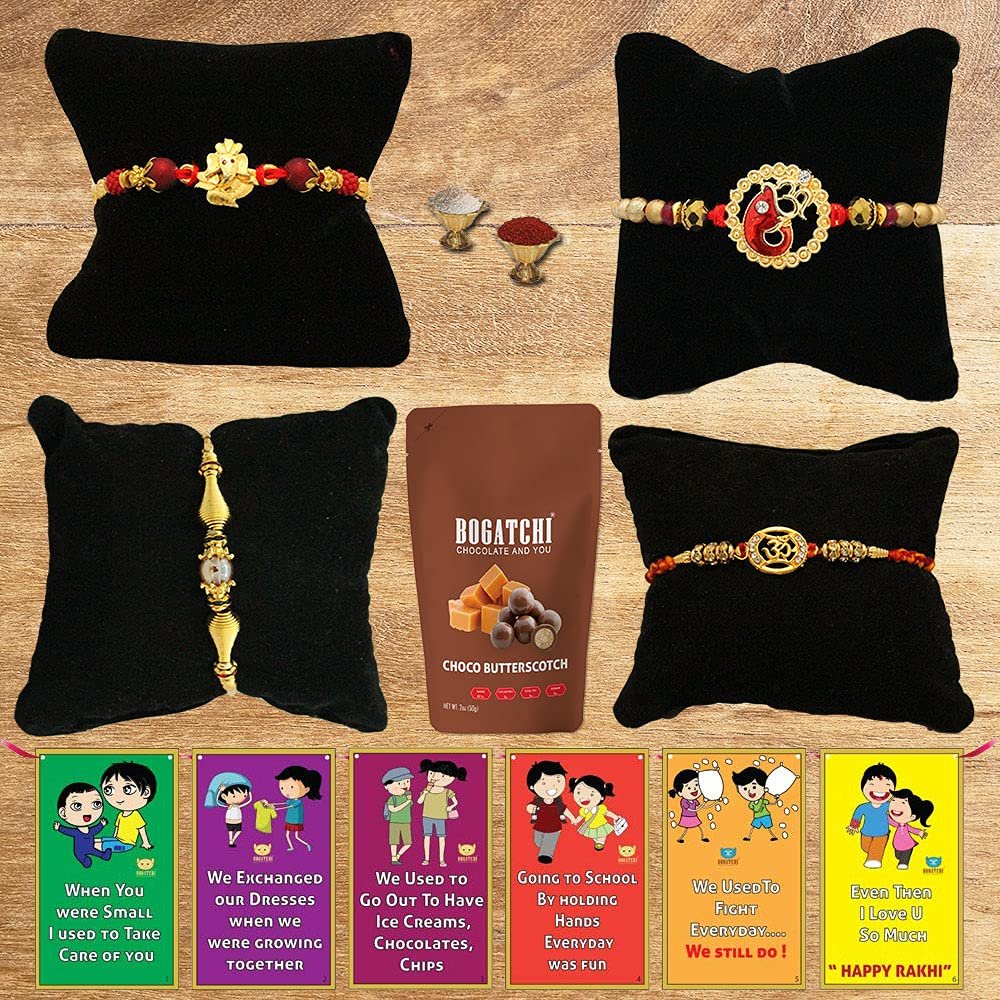 BOGATCHI Rakhi with Chocolates Gift pack, Rakhi for Brother with Chocolate Butterscotch Nuts, 50g + 4 Rakhi Set + Roli Chawal + Free Rakhi Story Card, Rakhi with sweets, Rakhi Chocolates Combo,C9