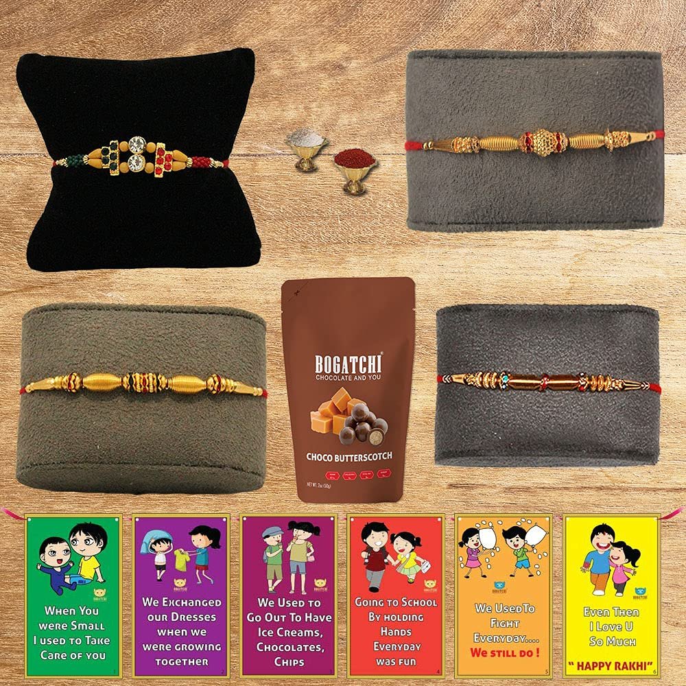 BOGATCHI Rakhi with Chocolates Gift pack, Rakhi for Brother with Chocolate Butterscotch Nuts, 50g + 4 Rakhi Set + Roli Chawal + Free Rakhi Story Card, Rakhi with sweets, Rakhi Chocolates Combo,C6