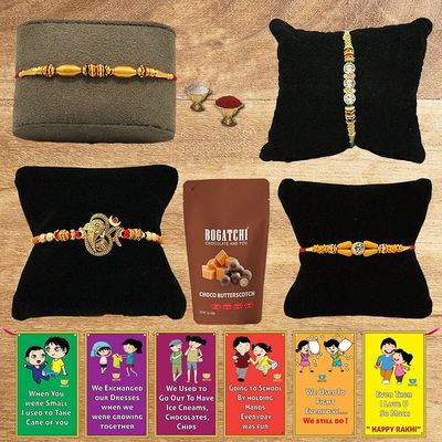 BOGATCHI Rakhi with Chocolates Gift pack, Rakhi for Brother with Chocolate Butterscotch Nuts, 50g + 4 Rakhi Set + Roli Chawal + Free Rakhi Story Card, Rakhi with sweets, Rakhi Chocolates Combo,C4