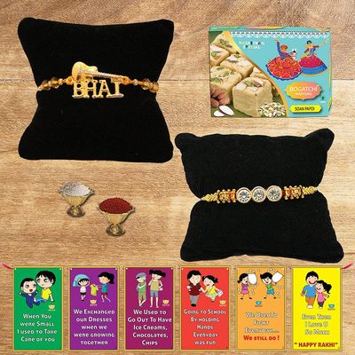 BOGATCHI Rakhi with Sweets Combo | Rakhi Gift for Brother | Rakhi for brother with sweets | Rakhi Gift Hamper|Soan Papdi(200g) + Rakhi Set of 2 +Roli Chawal + Free Rakhi Story Card |250GSP3