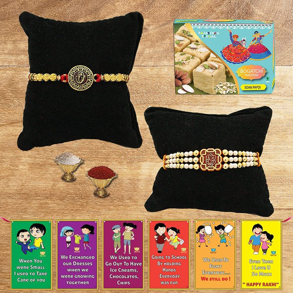 BOGATCHI Rakhi with Sweets Combo | Rakhi Gift for Brother | Rakhi for brother with sweets | Rakhi Gift Hamper|Soan Papdi(200g) + Rakhi Set of 2 +Roli Chawal + Free Rakhi Story Card |250GSP11