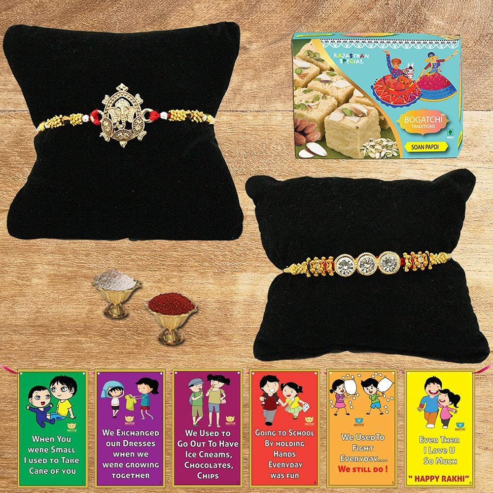 BOGATCHI Rakhi with Sweets Combo | Rakhi Gift for Brother | Rakhi for brother with sweets | Rakhi Gift Hamper|Soan Papdi(200g) + Rakhi Set of 2 +Roli Chawal + Free Rakhi Story Card |250GSP15