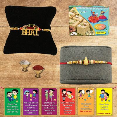 BOGATCHI Rakhi with Sweets Combo | Rakhi Gift for Brother | Rakhi for brother with sweets | Rakhi Gift Hamper|Soan Papdi(200g) + Rakhi Set of 2 +Roli Chawal + Free Rakhi Story Card |250GSP7