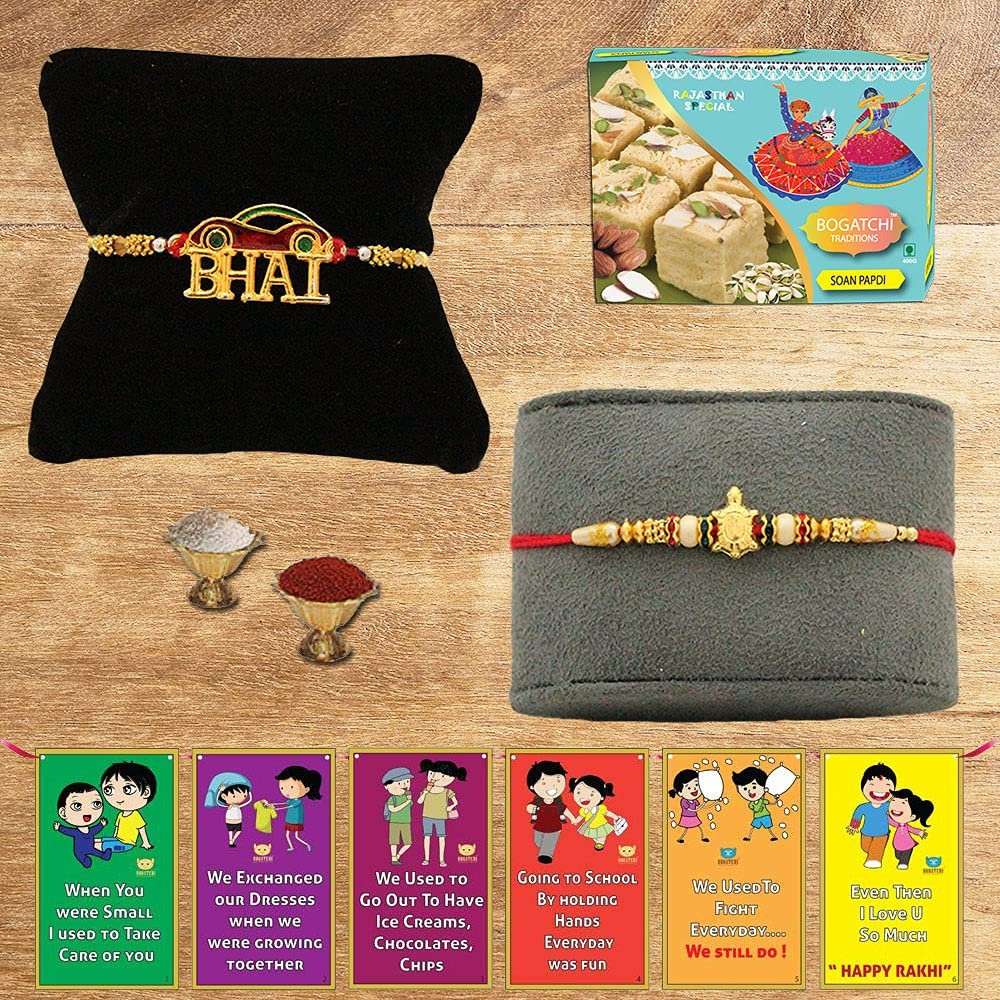 BOGATCHI Rakhi with Sweets Combo | Rakhi Gift for Brother | Rakhi for brother with sweets | Rakhi Gift Hamper|Soan Papdi(200g) + Rakhi Set of 2 +Roli Chawal + Free Rakhi Story Card |250GSP7
