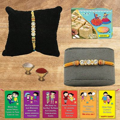 BOGATCHI Rakhi with Sweets Combo | Rakhi Gift for Brother | Rakhi for brother with sweets | Rakhi Gift Hamper|Soan Papdi(200g) + Rakhi Set of 2 +Roli Chawal + Free Rakhi Story Card |250GSP13