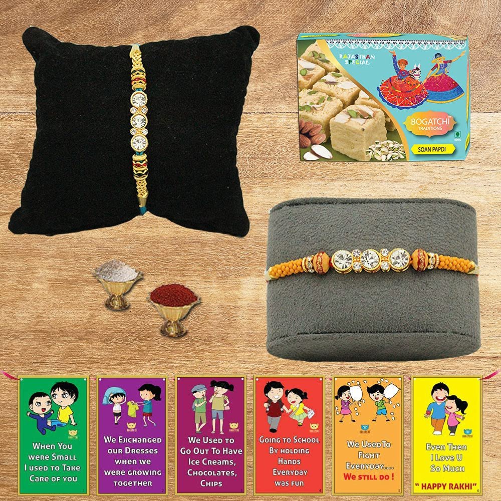 BOGATCHI Rakhi with Sweets Combo | Rakhi Gift for Brother | Rakhi for brother with sweets | Rakhi Gift Hamper|Soan Papdi(200g) + Rakhi Set of 2 +Roli Chawal + Free Rakhi Story Card |250GSP13