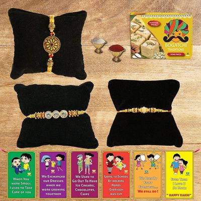 BOGATCHI Rakhi with Sweets Combo | Rakhi Gift for Brother | Rakhi for brother with gift sweets | Rakhi Gift Hamper|Soan Papdi, 200g + Rakhi Set of 3 +Roli Chawal + Free Rakhi Story Card-SP07