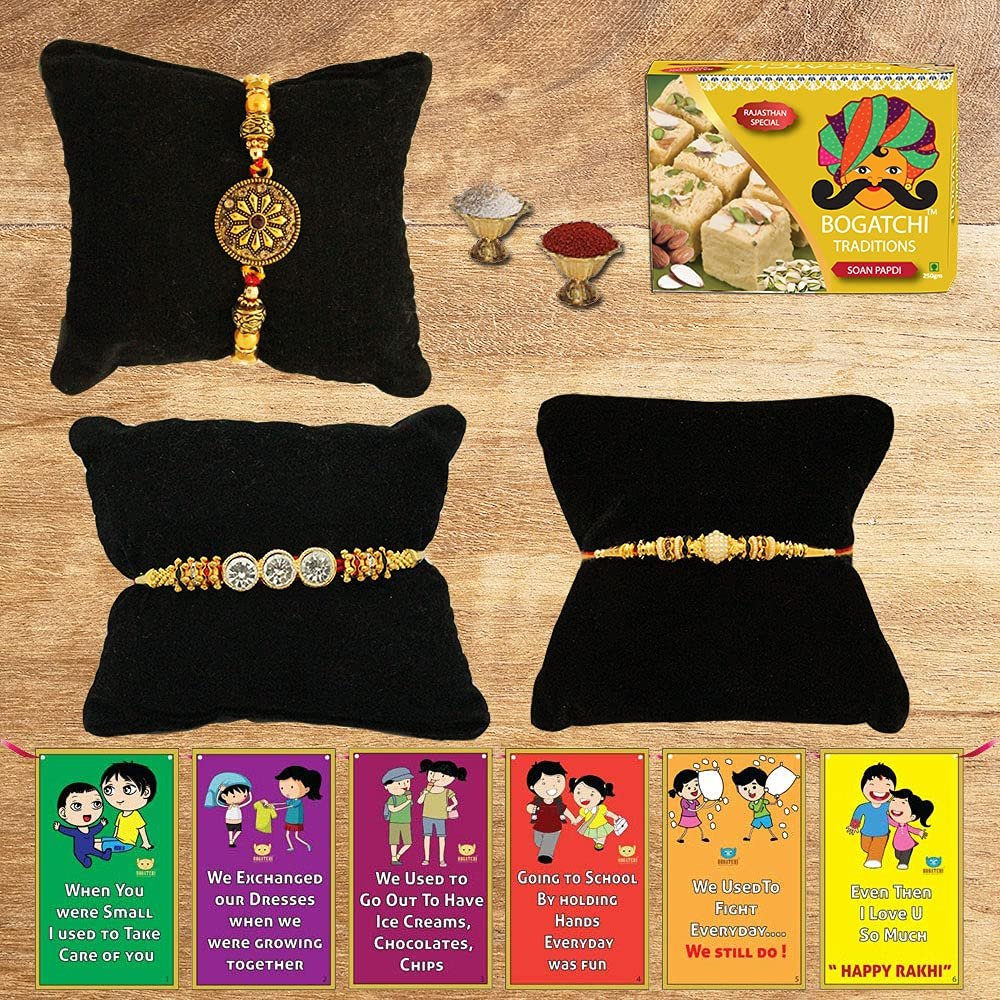 BOGATCHI Rakhi with Sweets Combo | Rakhi Gift for Brother | Rakhi for brother with gift sweets | Rakhi Gift Hamper|Soan Papdi, 200g + Rakhi Set of 3 +Roli Chawal + Free Rakhi Story Card-SP07