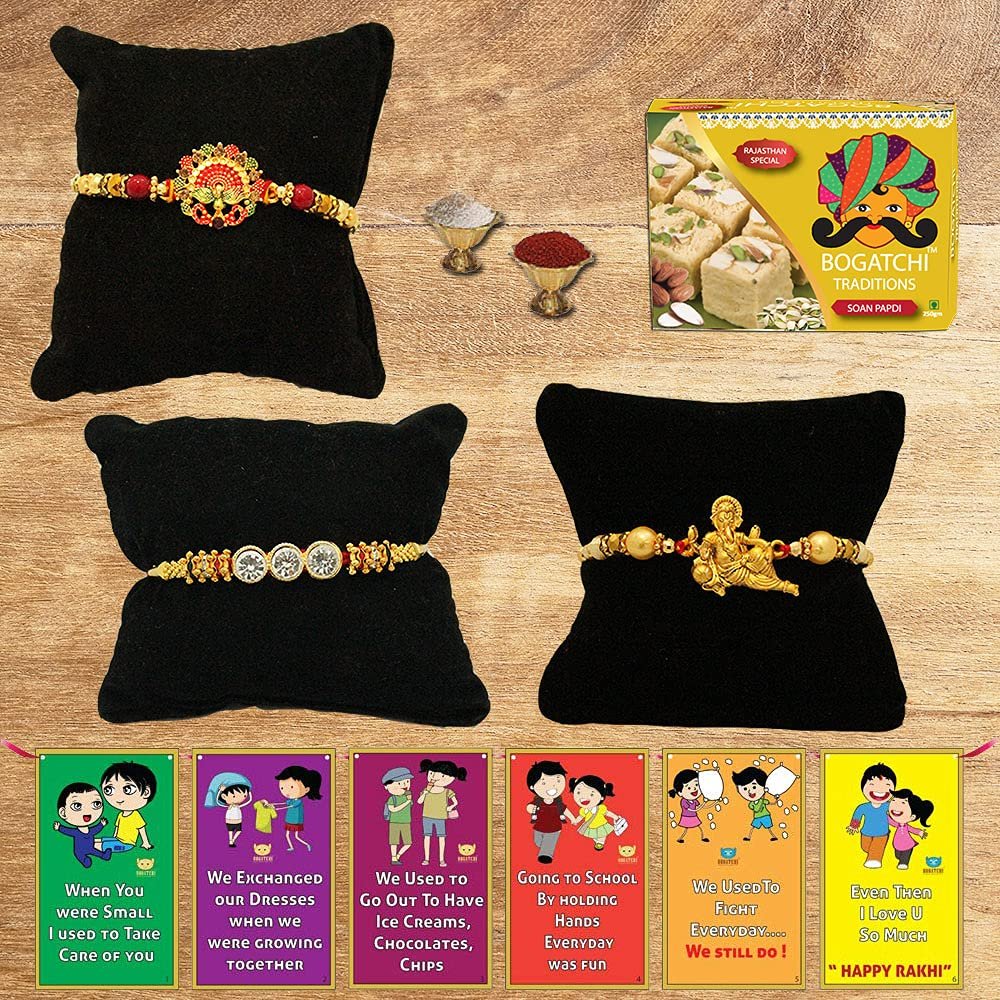 BOGATCHI Rakhi with Sweets Combo | Rakhi Gift for Brother | Rakhi for brother with gift sweets | Rakhi Gift Hamper|Soan Papdi, 200g + Rakhi Set of 3 +Roli Chawal + Free Rakhi Story Card-SP03