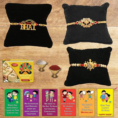 BOGATCHI Rakhi with Sweets Combo | Rakhi Gift for Brother | Rakhi for brother with gift sweets | Rakhi Gift Hamper|Soan Papdi, 200g + Rakhi Set of 3 +Roli Chawal + Free Rakhi Story Card-SP17