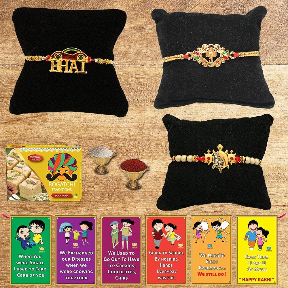 BOGATCHI Rakhi with Sweets Combo | Rakhi Gift for Brother | Rakhi for brother with gift sweets | Rakhi Gift Hamper|Soan Papdi, 200g + Rakhi Set of 3 +Roli Chawal + Free Rakhi Story Card-SP17