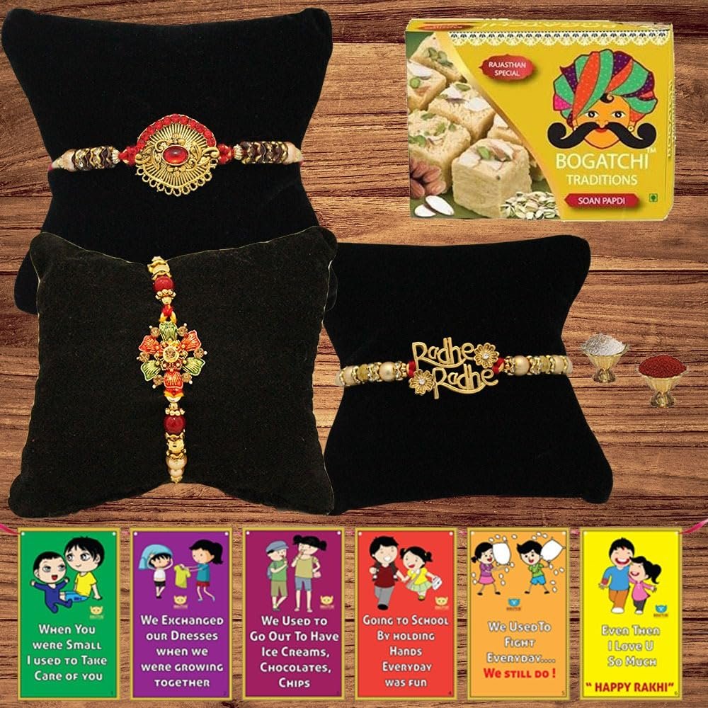 BOGATCHI Rakhi with Sweets Combo | Rakhi Gift for Brother | Rakhi for brother with gift sweets | Rakhi Gift Hamper|Soan Papdi, 200g + Rakhi Set of 3 +Roli Chawal + Free Rakhi Story Card-SP13