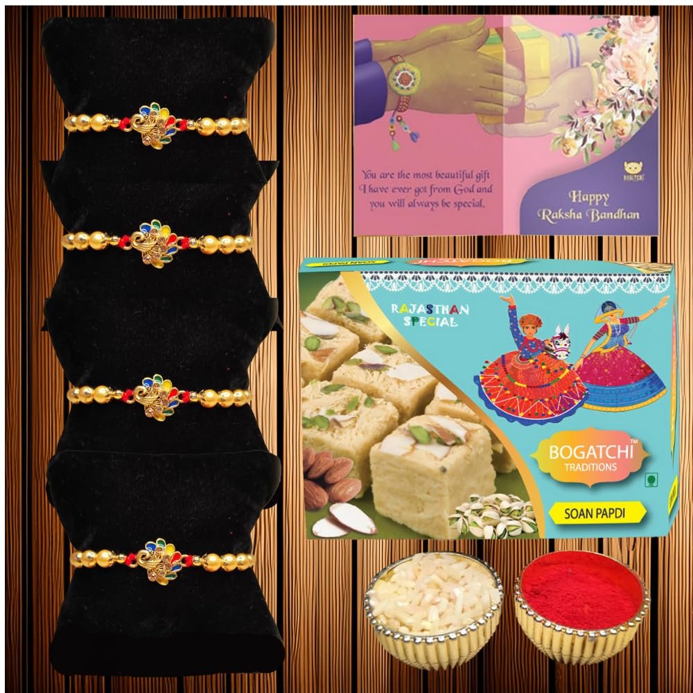 BOGATCHI Rakhi with Sweets Combo | Rakhi Gift for Brother | Rakhi for brother with gift sweets | Rakhi Gift Hamper|Soan Papdi, 200g + Rakhi Set of 4 +Roli Chawal + Free Rakhi Story Card-SP25a05